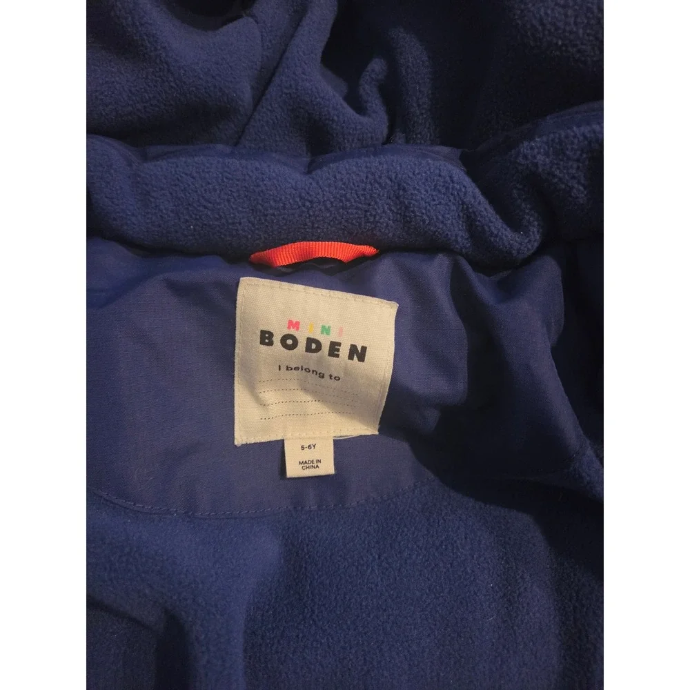 Mini Boden Boys Blue Puffer Parka Faux Fur Hood Fleece Lined Winter Coat 5-6Y